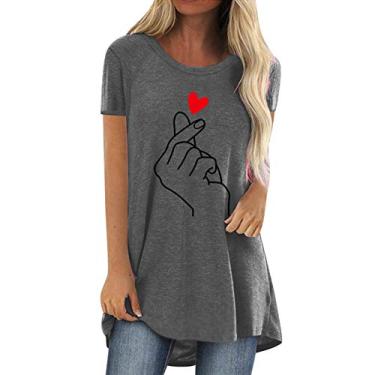 Imagem de Camiseta feminina com estampa de coração, gola redonda, manga curta, solta, plus size, tops, Cinza, XXG