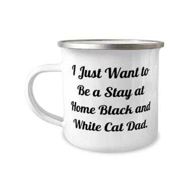 Imagem de Gato motivacional preto e branco, I Just Want to Be a Stay at Home preto e branco, gato preto e branco 355 ml Caneca de acampamento dos amigos