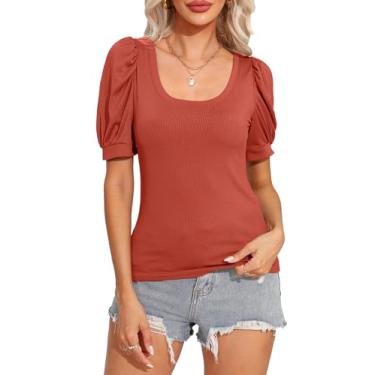 Imagem de Prettywear Camiseta feminina básica de verão com nervuras de manga curta e gola canoa, Laranja, vermelho, P