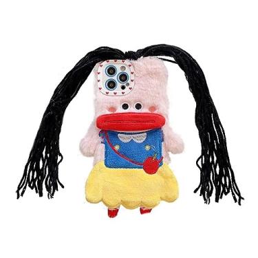 Imagem de Tewwsdi Capa de telefone fofa de desenho animado compatível com iPhone 14 pro max, capa de pelúcia peluda engraçada fofa com tranças de meninas faça você mesmo, capa de inverno quente para crianças adolescentes meninas mulheres capa para iphone 14promax (branco neve)