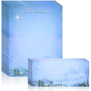 Imagem de Humyoun 80 conjuntos de papel de Natal religioso "luz maravilhosa" com envelopes presépio papel de papelaria de Natal papel timbrado de Natal para escrever cartas, anotações, cartão de felicitações,