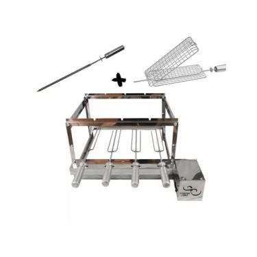 Imagem de kit Churrasqueira Gira Grill Giratória Inox, Com 4 Espetos Que Gira BI