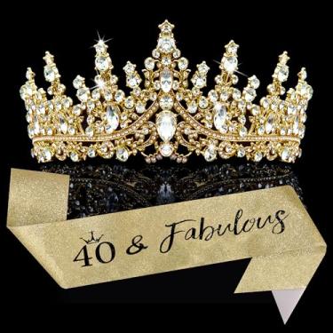 Imagem de COCIDE Faixa de aniversário de 40 anos para mulheres + coroa de 40 anos + broche de pérola - 40 faixas fabulosas tiara acessórios de cabelo presentes decorações de festa e lembrancinhas (40ª faixa,