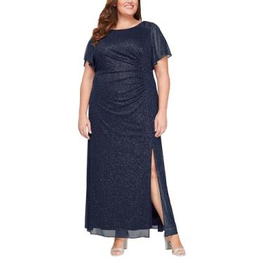 Imagem de S.L. Fashions Vestido longo formal plus size para mãe da noiva com enfeite de ombro e fenda frontal, Azul marino, 48