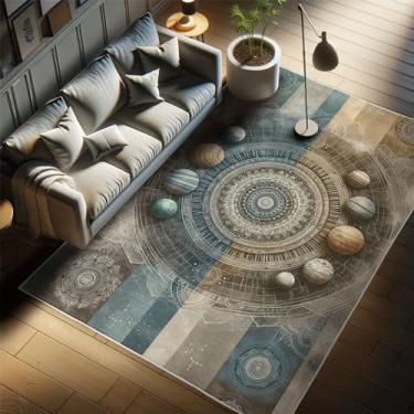 Imagem de Ambesonne Tapete decorativo Boho Espacial, Interpretação Moderna de Planetas e Mandalas Trippy, Tapete de Qualidade para Quarto, Dormitório e Sala de Estar, 60 cm x 13 cm, Castanho de Ovo Azul Marinho
