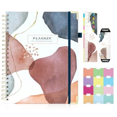 Imagem de Ospelelf Planejador diário sem data, encadernação espiral, semanal, mensal, capa dura com adesivos, 12 meses, produtividade, jornada estética, tamanho carta marrom