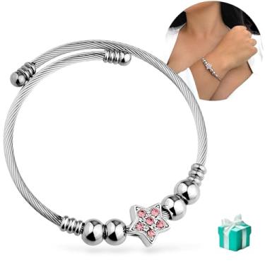 Imagem de Pulseira Bracelete com Berloques Estrela Cravejada na cor Prata em Aço inox 316l Antialérgico Hipoalérgico Estrela Pingente (Rosa)