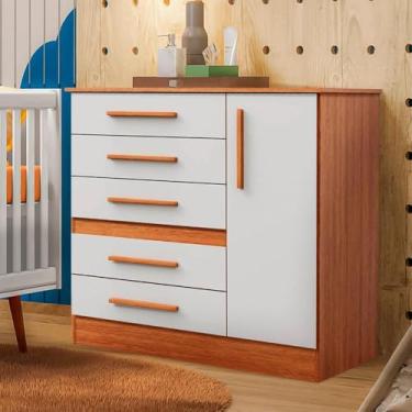 Imagem de Cômoda Infantil de Madeira, 1 Porta, 5 Gavetas Espaçosas, Puxador Topázio MDF, Suporta até 10 kg, Freijó Off White Cherry
