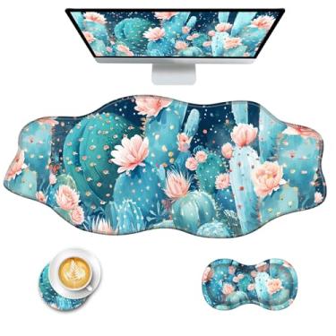 Imagem de CICPLKSE Mouse pad com suporte de pulso + tapete de mesa + porta-copos conjunto 3 em 1, 2GG grande mousepad ergonômico para mesa, computador, laptop, escritório, cacto fofo