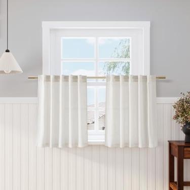 Imagem de Cortinas de cozinha de linho creme, 76 cm de comprimento, 2 painéis, aba traseira, bolso para varão, filtro de luz, semitransparente, cortina curta de privacidade sólida, cortinas de nível de café