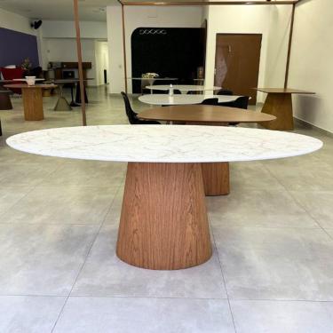 Imagem de Mesa De Jantar Cone Oval 160x90 Cm Tampo Marmorizado Calacata Bronze - Base Freijó Marrom