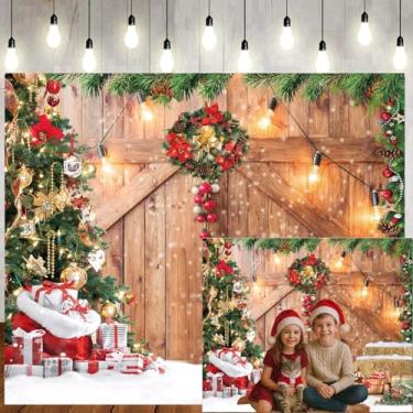 Imagem de LTLYH 2,1 x 1,5 m Fundo de parede de madeira rústica para porta de celeiro de Natal, árvore de Natal, neve, festa, banner, decoração, cabine fotográfica