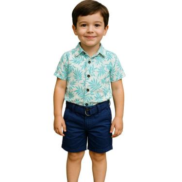 Imagem de Conjunto Infantil Camisa Floral  Bermuda Azul Amarelo Social