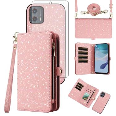 Imagem de Asuwish Capa de celular para Motorola Moto G 5G 2023 carteira magnética destacável com protetor de tela de vidro temperado e suporte de cartão com glitter, acessórios para celular G5G 5 G G5 feminino