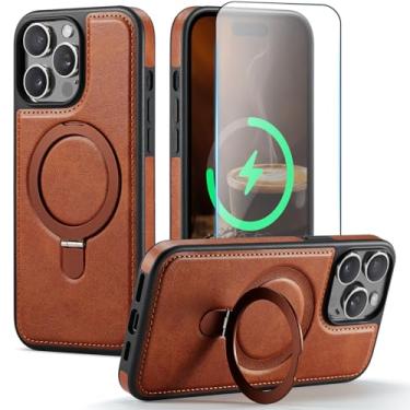 Imagem de CHEEWADA Capa compatível com iPhone 13 Pro com suporte, compatível com MagSafe, couro PU fino e capa protetora de TPU durável à prova de quedas com protetor de tela de vidro temperado de 6,1 polegadas