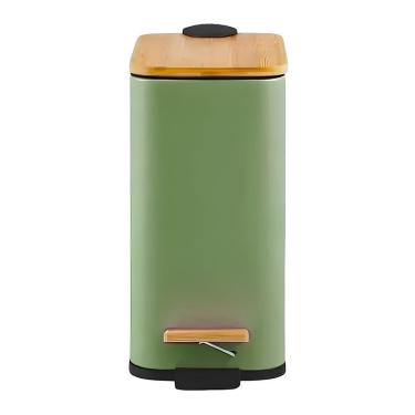 Imagem de Lixeira Retangular Verde C/ Cesto Interno e Pedal e Tampa de Bambu 5 Litros