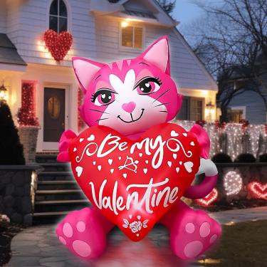 Imagem de mowholm 4Ft Dia Dos Namorados Infláveis Gato Rosa Bonito Com Decorações De Coração Embutido Led Iluminado Decoração Inflável Interior Exterior Decoração De Arte De Férias Presente Romântico Para Fes