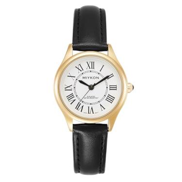 Imagem de Miykon Relógios femininos minimalistas vintage – Relógio analógico feminino pequeno e delicado com pulseira de couro genuíno – quartzo japonês, impermeável até 30 metros, Pulseira preta, caixa dourada