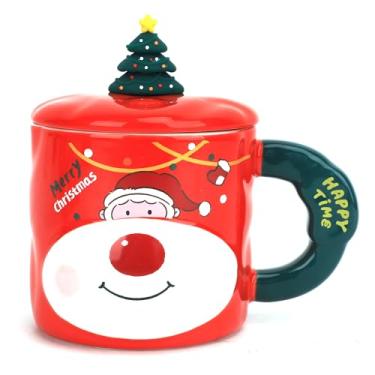Imagem de IPENNY Caneca de cerâmica de Natal com tampa de árvore de Natal - Copo de café nórdico de 340 g para chocolate quente e leite, caixa de presente festiva (Papai Noel, vermelho, embalagem de caixa