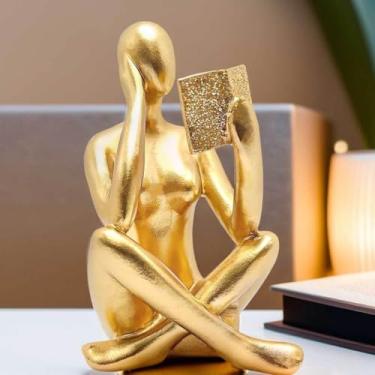 Imagem de EstáTua Figura Pensador Decoração Sala Objetos Estudando Enfeite Estatueta Reflexão Mesa EscritóRio Decoração Luxo(Base Sem Livro Dourado)