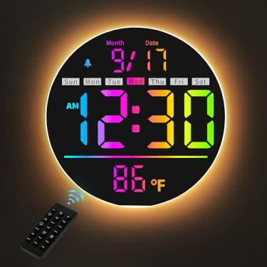 Imagem de HAITANG Relógio digital de parede, relógio digital redondo de 20 cm com tela grande, 11 cores RGB, controle remoto, brilho automático, temperatura, horário de verão, luz noturna, alarme, temporizador
