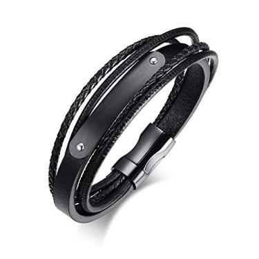 Imagem de Rockyu Pulseira masculina de couro de aço inoxidável, preta, de microfibra, ajustável, trançada, presente elegante para aniversário, Natal
