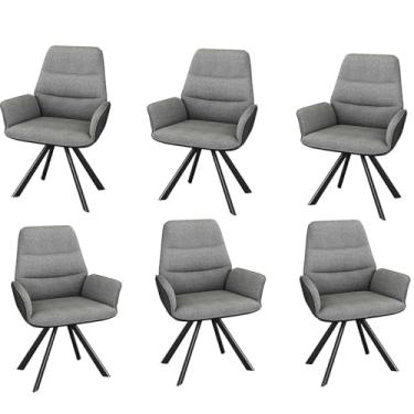 Imagem de Cadeiras de jantar giratórias, cadeira de cozinha estofada com encosto e apoio de braço algodão linho couro pana pernas de aço carbono capacidade de peso 299 kg cinza escuro 6 peças