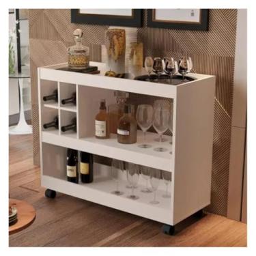 Imagem de Aparador Bar Pérola 90cm com Adega Vertical para 4 Garrafas – Carrinho de Chá/Bebidas com Rodízios – MDP (Branco)
