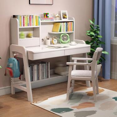 Imagem de Mesa infantil com prateleiras e armazenamento com pernas, mesa de estudo com gaiola e gaveta para quarto, mesa infantil ajustável em altura para todas as crianças com gaiola e 2 gavetas branca 120 cm