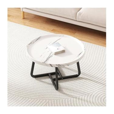 Imagem de HGTRH Mesas de encaixe redondas para sala de estar, conjunto de 2 mesas de centro modernas com suporte de aço carbono HDF empilhável para apartamento, sala de estar, quarto, varanda, branco, 50 x 50 x