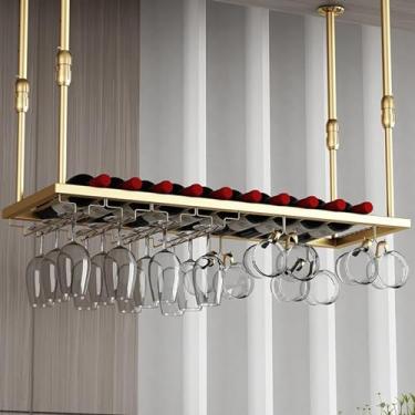 Imagem de HGTRH Prateleiras de vinho penduradas para garrafas de vinho, suporte de parede para decoração de parede, prateleira decorativa de licor de ferro industrial com suporte de taça, economia de espaço e