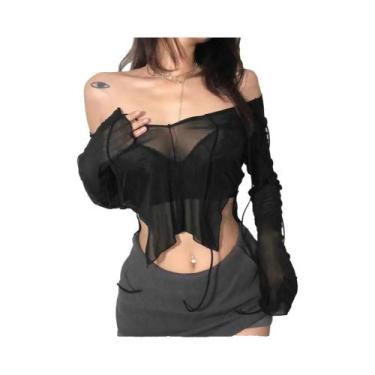 Imagem de Camiseta Cropped Feminina Sexy Preta com Renda e Decote V - Manga Comp
