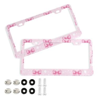 Imagem de SEHANY Lindas molduras de placa de licença de laço rosa, moldura de placa de carro de alumínio à prova de ferrugem com orifícios elípticos e parafusos serve para veículos padrão dos EUA tamanho