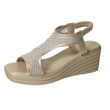 Imagem de Sandália feminina casual primavera verão versátil plataforma praia cor sólida peep-toe aberto, Dourado, 36