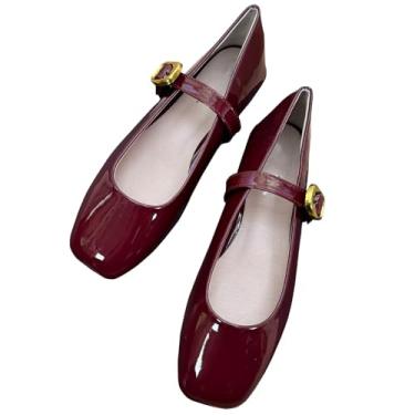 Imagem de Dear Time Sapatilhas femininas rasteiras Mary Jane com tira no tornozelo, bico redondo, estilo chinês, sapatilhas, sapatos de caminhada casuais, 329-Borgonha, 37