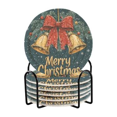 Imagem de Blueangle 6 peças de porta-copos de sinos de Natal para bebidas, porta-copos de tecido redondo super absorvente para mesa de café, proteção de mesa para decoração de casa (501)