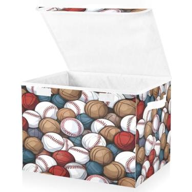 Imagem de Blueangle Caixas de armazenamento com padrão de bolas de beisebol com tampas, 42 x 32 x 30 cm, grande cesta organizadora dobrável para decoração de casa e escritório (527)