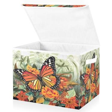 Imagem de Blueangle Cestos de armazenamento de borboleta laranja com tampas, 42 x 32 x 30 cm, grande cesta organizadora dobrável para decoração de casa e escritório (290)