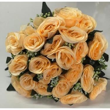 Imagem de Rosa Artificial Decorativa com 24 Flores – Buquê para Arranjos, Festas, Casamento e Decoração de Interiores(Chá,Kit com 3)