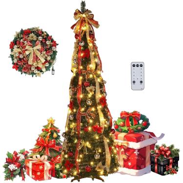 Imagem de Árvore De Natal Pop Up De 6/7ft 1 Minuto Com Luz, Árvore De Natal Dobrável, Arbol De Navidad Plegable, Totalmente Decorada Pré-iluminada Árvore De Natal Dobrável Pop Up, Red, 6ft