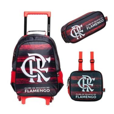 Imagem de Kit Mochila Com Carrinho e Rodas com Lancheira e Estojo duplo Flamengo