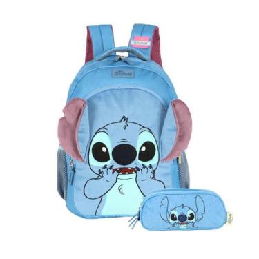 Imagem de Kit Mochila Stitch Costas E Estojo Triplo Escolar Peluciado Cor:Azul -