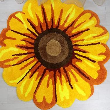 Imagem de Braiton Tapete de porta de girassol tapete em forma de flor tapete antiderrapante tecido à mão flor redonda tapete de chão tapetes de área modernos para cozinha sala de estar decoração de casa, amarelo, 90cm