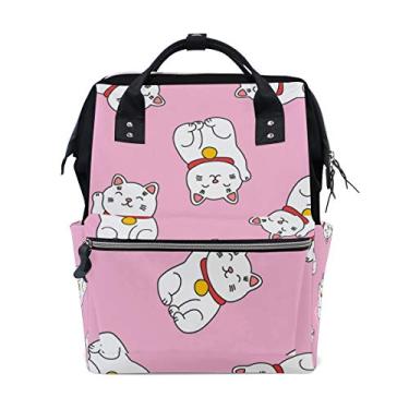 Imagem de ColourLife Mochila para fraldas Lucky Cat On Pink Casual Daypack multifuncional bolsa de fraldas