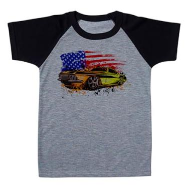 Imagem de Camiseta Raglan Infantil Cinza Carro Muscle Laranja Amarelo Bandeira Americana (BR, Numérico, 10, Regular, Polialgodão)