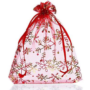 Imagem de Tvoip 100 unidades de sacos de organza floco de neve para decoração de festa e casamento, sacos de embalagem de joias, sacos de presente com cordão (9 x 12 cm)
