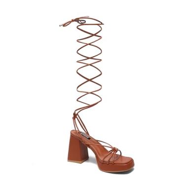Imagem de Sandálias femininas de salto alto, plataforma de salto alto grosso, sandálias de salto bloco, sapatos de verão, elegante, sexy, confortável com bico quadrado, Marrom, 36