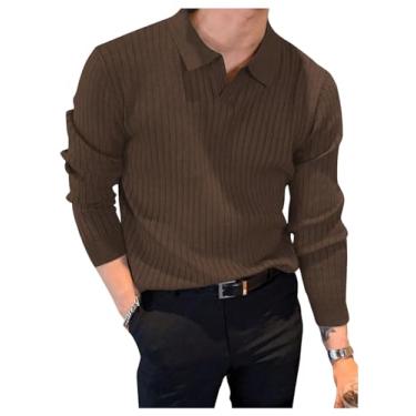Imagem de Floerns Camiseta masculina casual gola polo slim fit manga longa canelada, Marrom café, GG