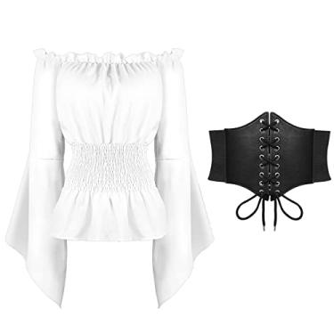 Imagem de Camisa feminina de pirata renascentista fantasia sexy ombro de fora bufante blusa camponesa por SUOSDEY, H - camisa branca + cinto preto, Medium