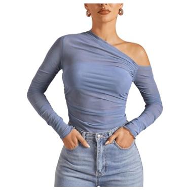 Imagem de SOLY HUX Camiseta feminina de manga comprida com ombro de fora para sair com roupas Y2k assimétricas, Azul empoeirado, M